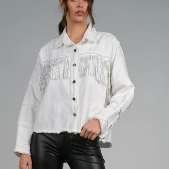 Veveret White Fringe Rhinestone Denim Tassel Jacket Size Large - Picture 10 of 16